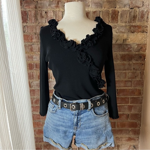 Y2K Black Ruffled Women's Rib Knit Top -Size S -TP29 - Picture 4 of 8